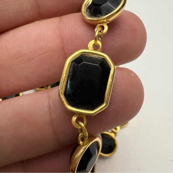 Vintage Black Bezel Set Round Rectangular Crystal Goldtone Necklace 36” - Picture 5 of 7